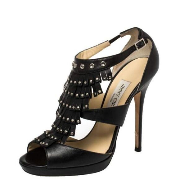 Jimmy Choo Black Leather Platform Heels - Picture 1 of 11